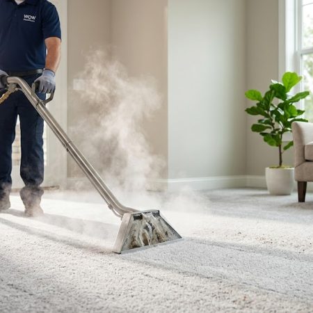 Professional hot water extraction cleaning in progress on a residential carpet by a WOW CleanFloors technician using a truck-mounted steam cleaning wand