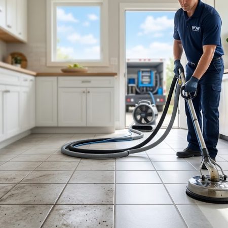 Professional residential tile and grout cleaning in a home kitchen showing a visible before and after difference between dirty grout lines and deep-cleaned tile.