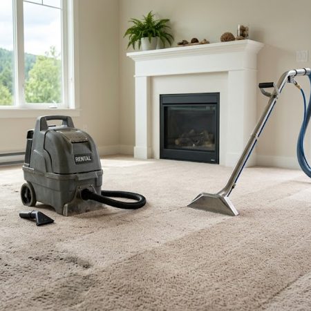 A visual comparison of professional carpet cleaning vs rental showing a small Rug Doctor-style machine next to a professional truck-mounted hose and wand in a Terrace home.
