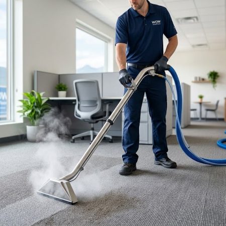A professional technician performing commercial carpet cleaning Terrace in a modern office, using a high-pressure steam extraction wand to remove stains and sanitize the workplace.