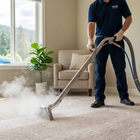 A close-up view of hot water extraction in progress, using high heat and steam cleaning technology to provide the cleanest carpets in Terrace homes.
