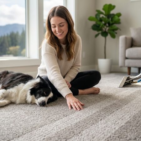 A woman and a dog relax on a fresh carpet in a Terrace home, showing the results of professional carpet cleaning Terrace to improve air quality and comfort.