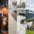 A vertical collage featuring four panels of professional cleaning services in Terrace: a technician cleaning a large air duct system, a steam cleaner being used on a carpet, a high-pressure floor scrubber on white tile, and a specialist using a truck-mounted system on a residential home with North Coast mountains in the background.