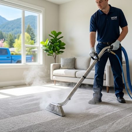 A professional technician performing spring cleaning Terrace BC services in a sunlit living room, using a steam extraction wand to refresh carpets and improve indoor air quality.