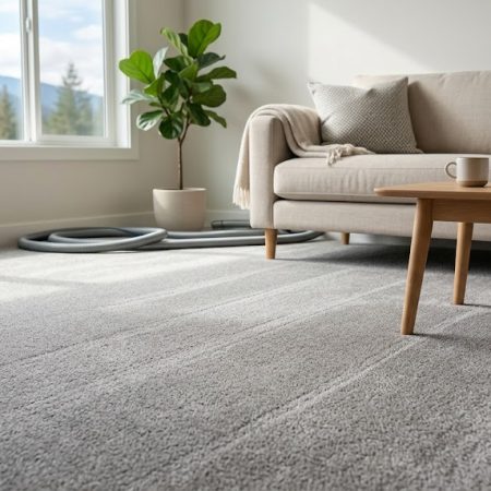 A spotless, fresh residential living room featuring plush carpet with grooming lines, showcasing the standard of comfort achieved by professional clean carpets Terrace services