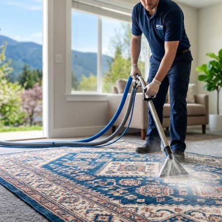 A professional technician performs a clean rugs Terrace service, using a specialized extraction tool to refresh the colors of a patterned area rug within a sunlit living room, overlooking the local mountains
