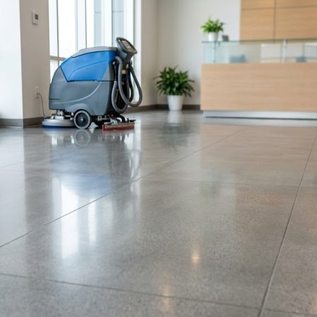An industrial auto scrubber rests on a highly polished, spotless hard floor in a modern office lobby, showcasing the professional results of Terrace commercial floor cleaning