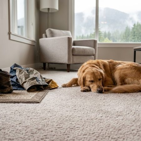 Muddy hiking boots, a rain jacket, and a sleeping golden retriever on a light-colored living room carpet with misty mountain views in the background, illustrating the everyday wear and tear that requires regular carpet cleaning in Terrace