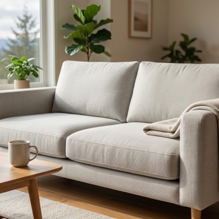 A pristine, light grey sofa sits in a bright, modern living room overlooking a forested landscape, highlighting the fresh and inviting results of professional upholstery and mattress cleaning in Terrace